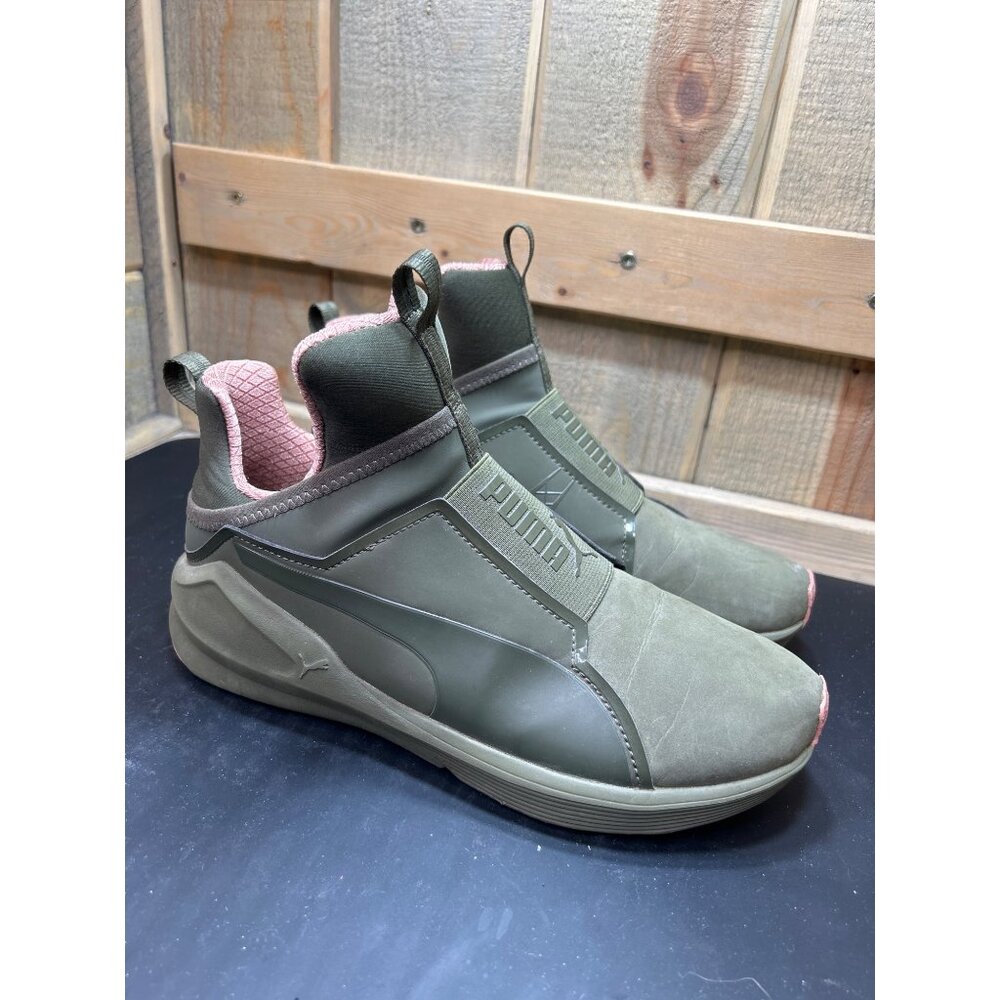 Puma Womens Olive Green & Pink Athletic Slip-On Sneakers Size 8